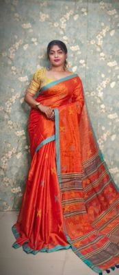 Orange Pure Handloom Tissue Silk Saree From Bengal