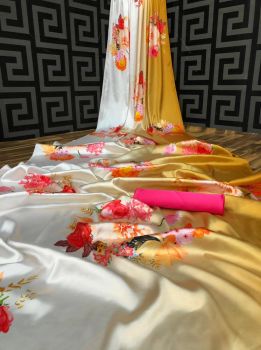 White and Gold Printed Flower Design Heavy Satin Silk Saree