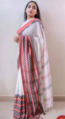 White Pure Handloom Cotton Saree From Bengal