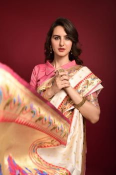 Cream Meenakari Zari Work Banarasi Soft Silk Pathani Saree