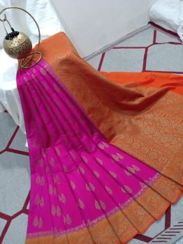 Dark Pink Silk Leaf Design Banarasi Saree