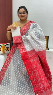 White Red Pure Handloom Dhakai Jamdani Saree From Bengal