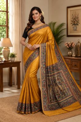 Mustard Yellow Traditional Madhubani Pure Handloom Women Tassar Silk Saree