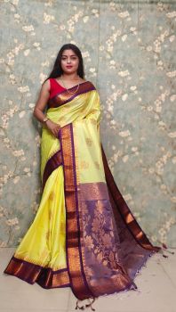 Burnt Yellow Pure Handloom Muga Silk Saree From Bengal