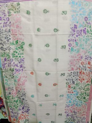 White Pure Handloom Kantha Silk Saree From Bengal