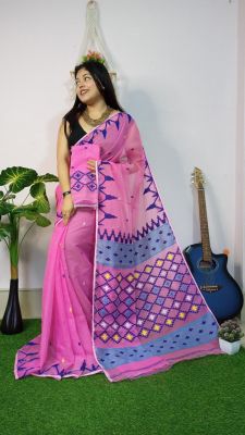Pink Pure Handloom Dhakai Jamdan Saree From Bengal