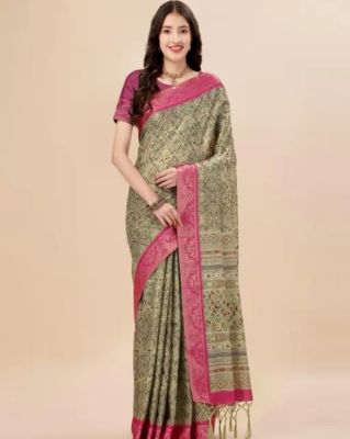 Greyish Green Pure Handloom Silk Cotton Saree From Banaras