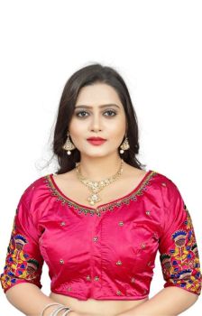 Pink Malai Satin Silk Embroidery Work Blouse