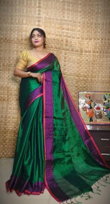 Dark Green Pure Handloom Tissue Silk Saree From Bengal