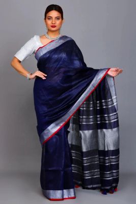 Navy Blue Pure Handloom Tissue Linen Saree From Bihar