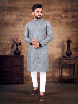 Men Dusty Grey Cotton Kurta Mirror Work Original kurta