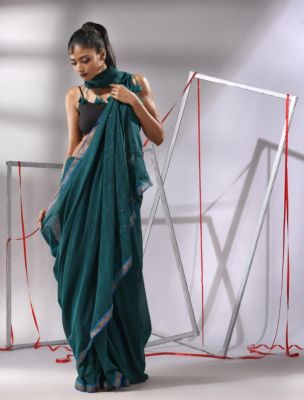 Blue Grey Pure Handloom Cotton Saree From Bengal