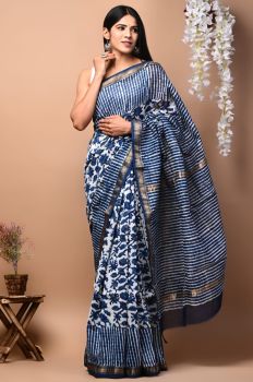 Dark Blue Maheshwari Silk Saree From Rajshthan