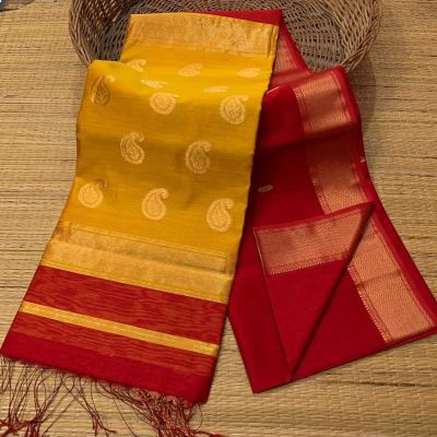 Golden Red Pure Handloom Meheshwari Silk Cotton Saree From Bengal