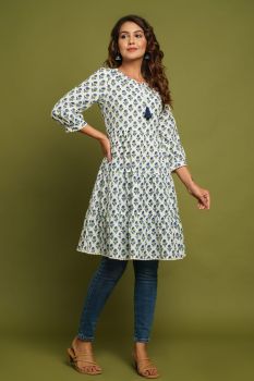 WHITE FLOWER PRINTED FLARED COTTON KURTI