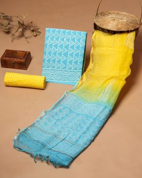 Blue Yellow Doria Dupatta Cotton Flower Design suit