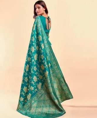 Dark Aquamarine Pure Handloom Banarasi Silk Saree From Banaras