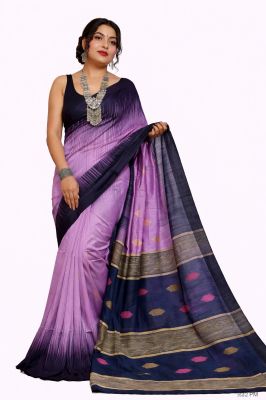 Purple Navy Blue Ikkat Silk Cotton Pure Handloom Saree From Bengal