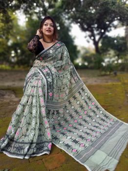 Light Green Pure Handloom Dhakai Jamdani Saree From Bengal