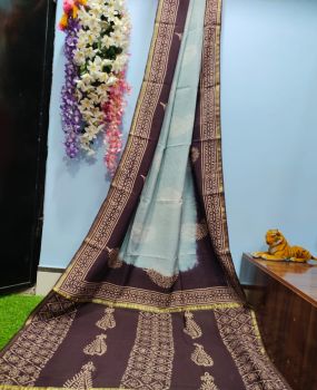 Sky Blue Dark Brown Hand Block Printed Pure Handloom Chiffon Silk Saree
