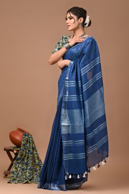 Navy Blue Pure Handloom Linen Cotton Saree From Bengal
