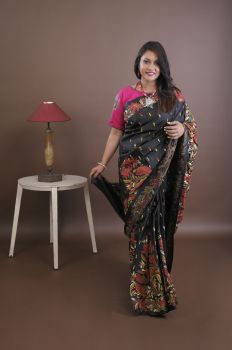 Black Pure Handloom Katha Stitch Saree From Bengal