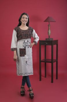 Gray Printed Kantha Stitch Top