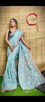 Light Blue Pure Handloom Linen By Linen Saree From Bengal