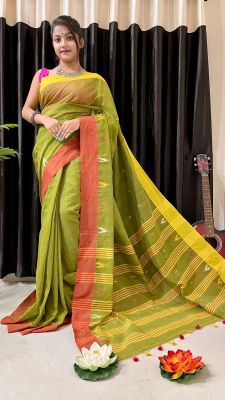 Mehandi Green Pure Handloom Silk Cotton Saree From Bengal