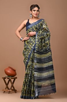 Grey Olive Pure Handloom Linen Cotton Saree From Bihar