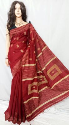 Red Wine Pure Handloom Silk Cotton Saree From Bengal