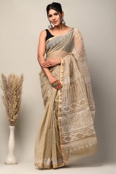 Pale Copper Hand Block Kota Doriya Printed Leaf Design Saree