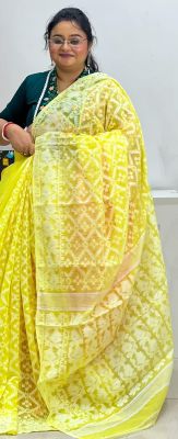 Yellow Pure Handloom Dhakai Jamdani Saree From Bengal