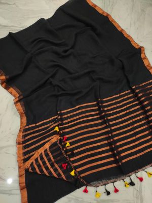 Black Pure Handloom Linen By Linen Saree From Bengal