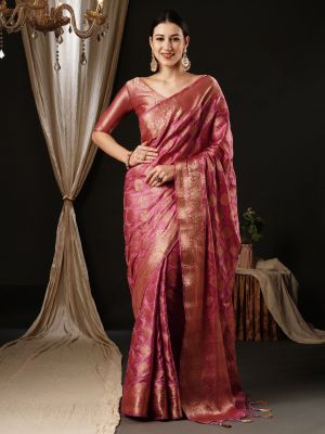 Rose Pink Coral Party Wear Silk Saree