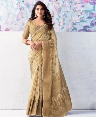 Brown Pure Handloom Silk Cotton Saree From Banaras