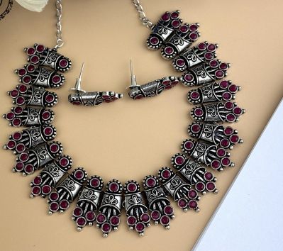 Silver Pure Oxidised Necklace With Red Stone Jewellery