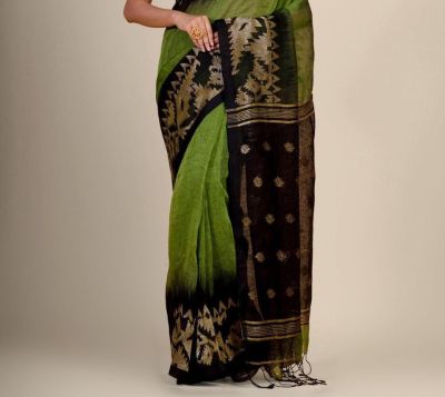 Green Black Pure Handloom Linen By Linen Saree From Bengal