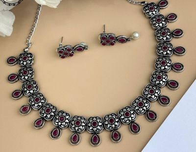 Silver Pure Oxidised Necklace With Red Stone Jewellery