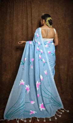 Sky Blue Pure Handloom Cotton Saree From Bengal