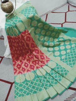 Red And Green Silk Flower Design Banarasi Saree
