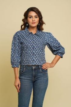 BLUE FLOWER PRINTED COTTON SHIRT