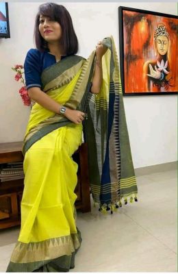 Green Pure Handloom Cotton Saree From Bengal