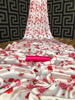 Pinkish White Printed Flower Design Heavy Satin Silk Saree