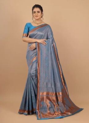 Greyish Teal Pure Handloom Kanjivaram Silk Cotton Saree From Banaras