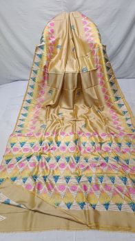 Cream Block Printed Pure Handloom Pure Katan Silk