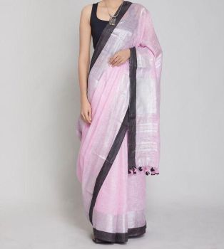 Light Pink & Black Plain Hand Woven Linen Saree
