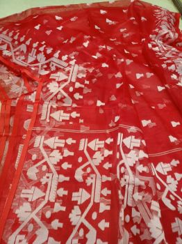 Red Pure Handloom Dhakai Jamdani Saree From Bengal
