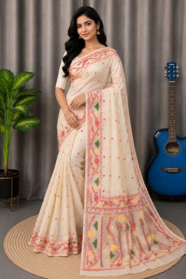Cream White Pure Handloom Dhakai Jamdani Saree From Bengal