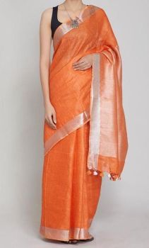 Orange & Silver Plain Hand Woven Linen Saree